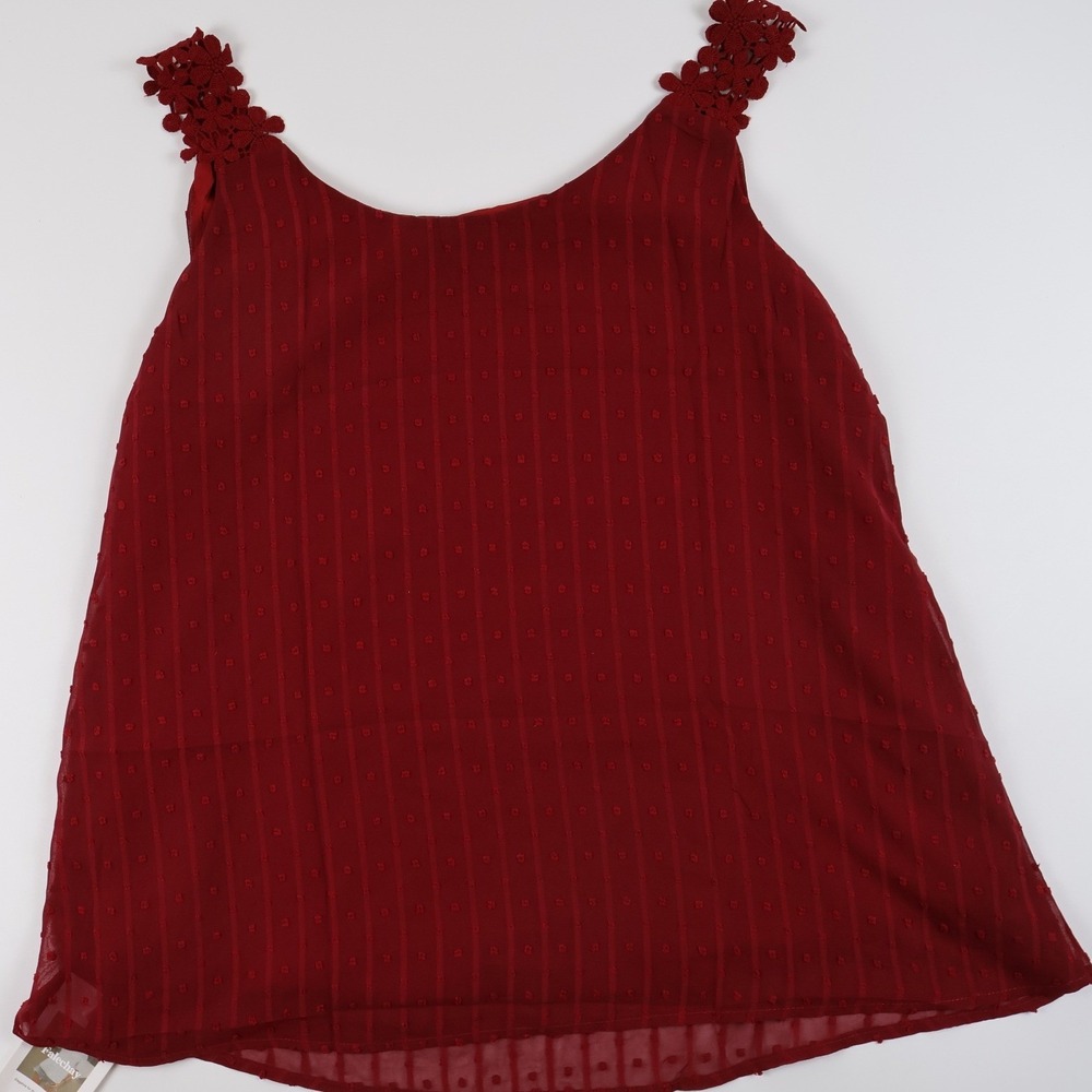 Falechay Tank Top Crochet Strap Swiss Dot Red Large NWT